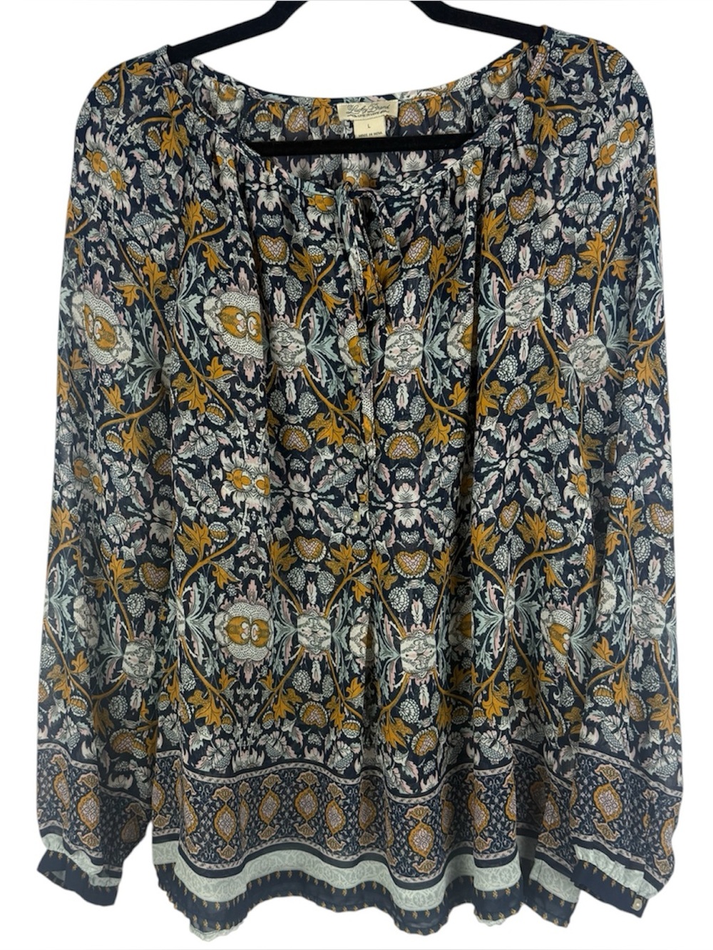 Lucky Brand Boho Floral Paisley Keyhole Tie Neck Blouse Size L